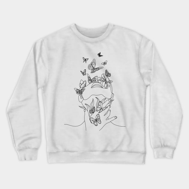 Abstract line drawing woman face with butterflys. Crewneck Sweatshirt by OneLinePrint